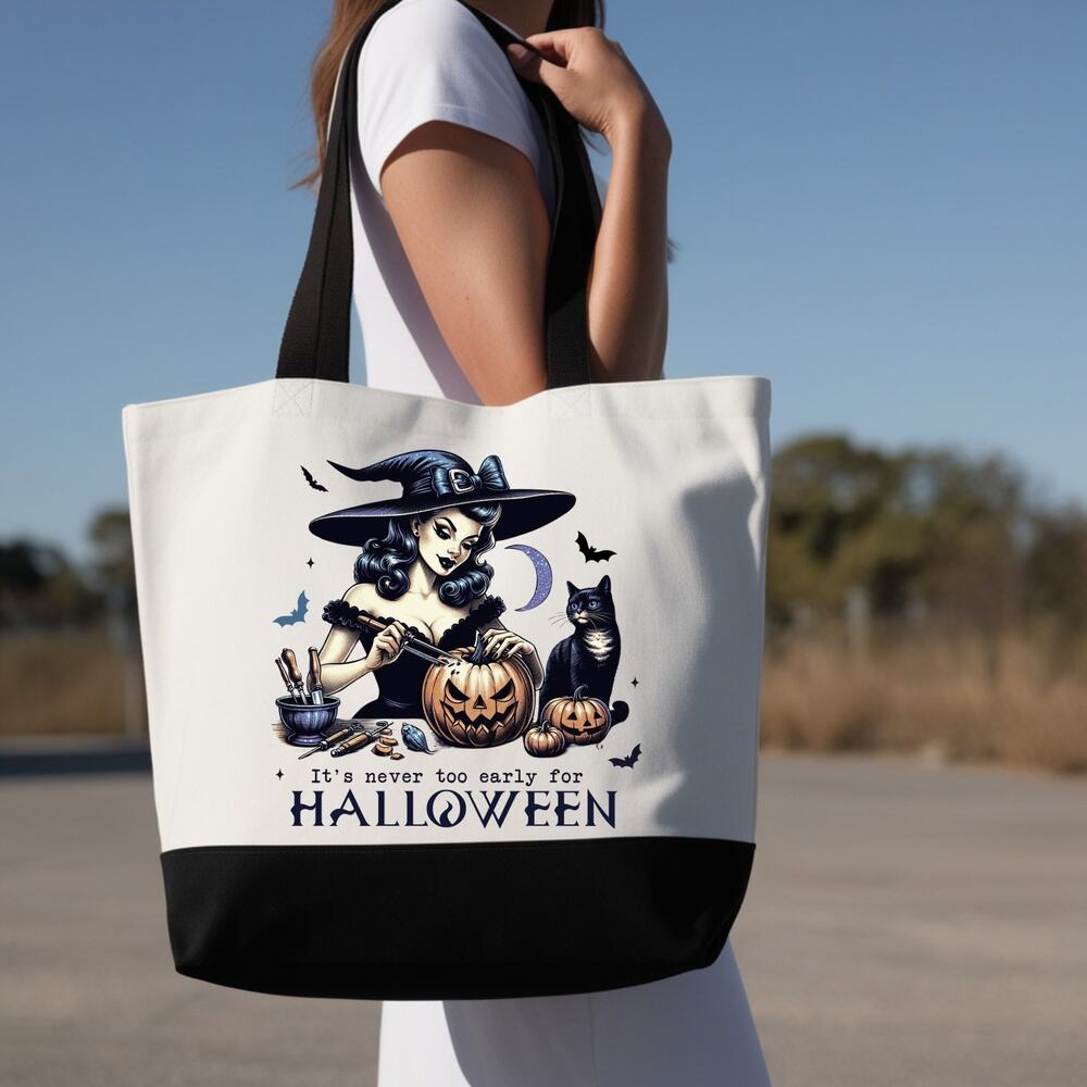 Never Too Early for Halloween Pinup Witch Tote Bag - Picture 2 of 4